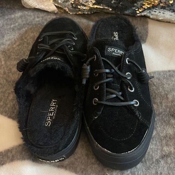 Sperry crest vibe mule /pull on sneaker shoe clog black suede fur lined 6.5 - Picture 3 of 6